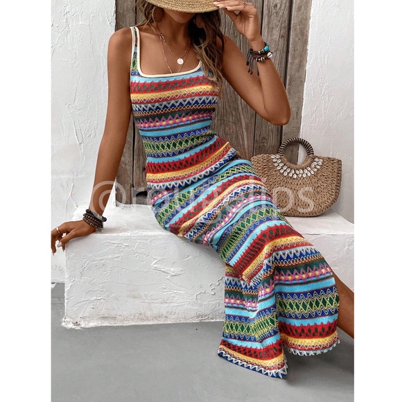 Knit Striped Tank Dress Side Leg Slit Long Ribbed Multicolor Long Slim - Picture 1 of 13